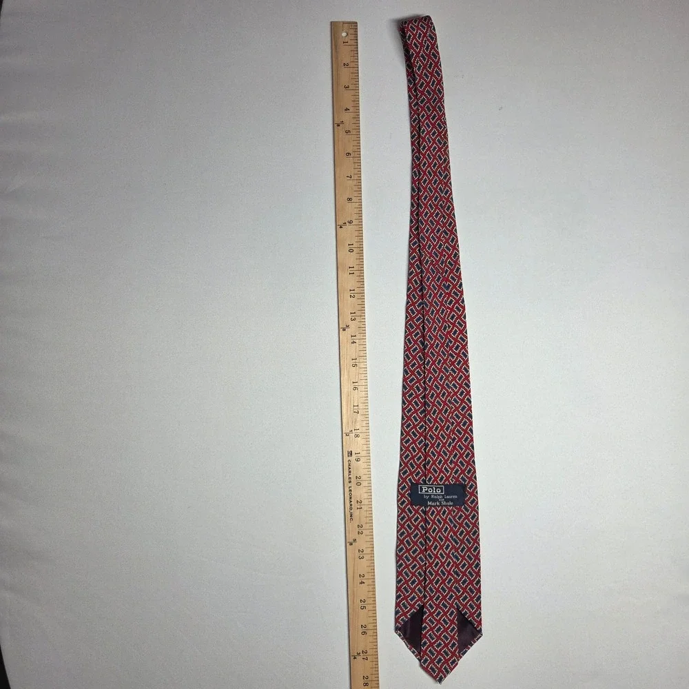 Polo Ralph Lauren Mark Shale Silk Tie Mens Vintage Red Blue Geometric USA Made